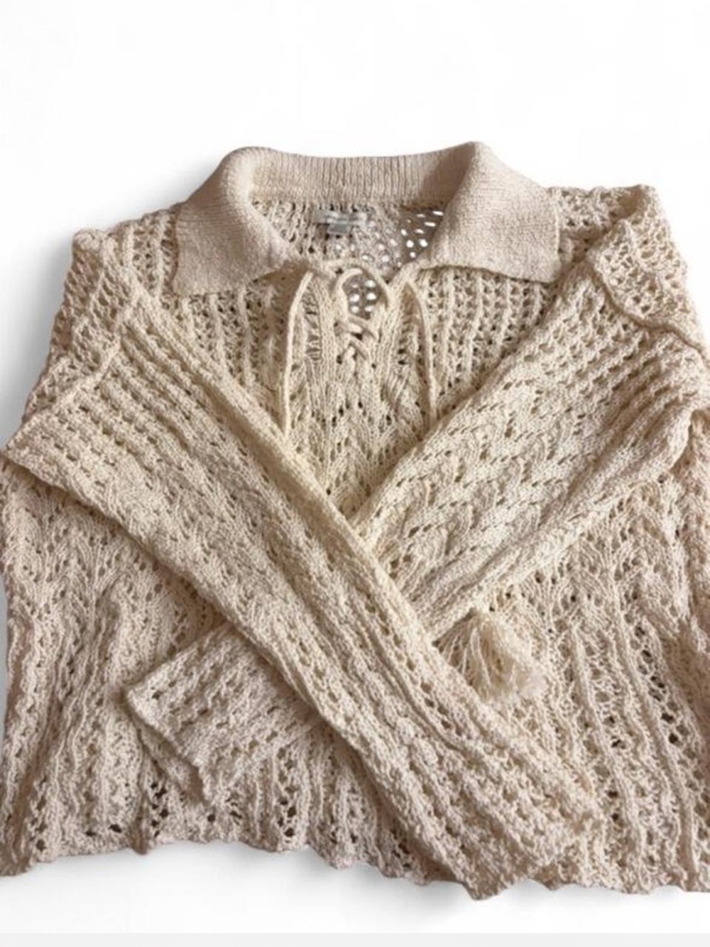 American Eagle Outfitters Open-Knit Lace-Up V-Neck Sweater - Cream - Picture 5 of 5